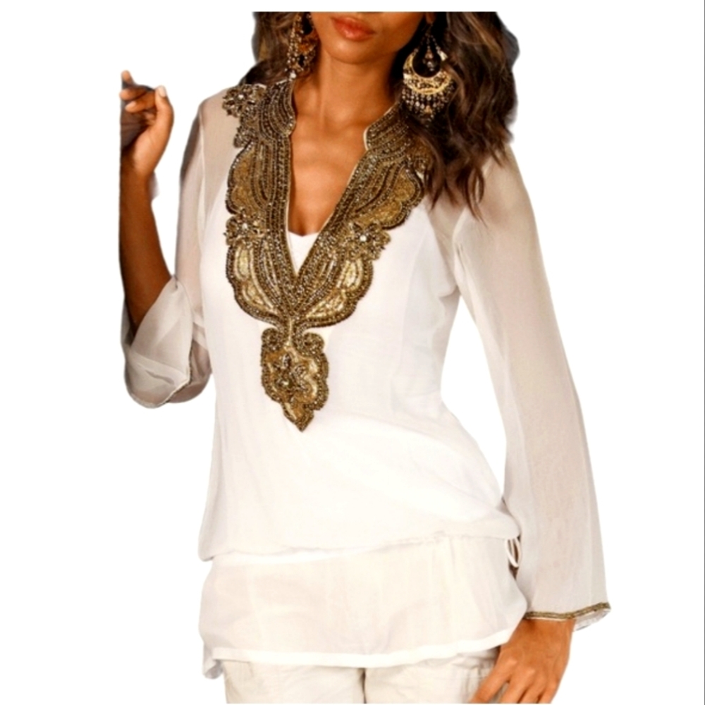 Boston Proper Sheer Embellished V Neck Tunic, Size Small